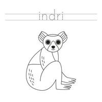 Trace the letters and color cartoon indri Handwriting practice for kids. vector