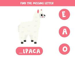 Find missing letter with cartoon alpaca. Spelling worksheet. vector