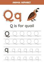 Tracing alphabet letters for kids. Animal alphabet. Q is for quail. vector