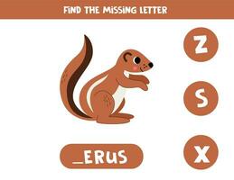 Find missing letter with cartoon xerus. Spelling worksheet. vector