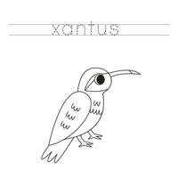 Trace the letters and color cartoon xantus. Handwriting practice for kids. vector