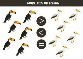 Grater, less or equal with cartoon cute toucans and pelicans. vector