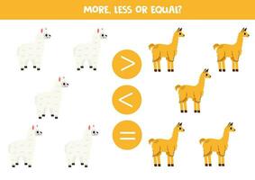 Grater, less or equal with cartoon llama and alpaca. vector