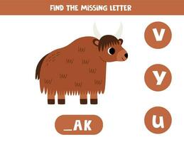 Find missing letter with cartoon yak. Spelling worksheet. vector