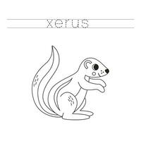 Trace the letters and color cartoon xerus. Handwriting practice for kids. vector