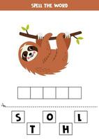 Spelling game for preschool kids. Cute cartoon sloth. vector