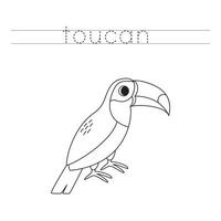 Trace the letters and color cartoon toucan. Handwriting practice for kids. vector