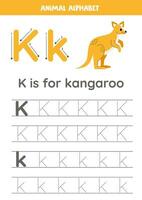 Tracing alphabet letters for kids. Animal alphabet. K is for kangaroo. vector