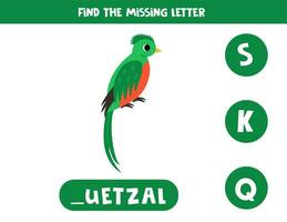 Find missing letter. Cute cartoon quetzal. Educational spelling game for kids. vector