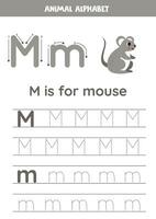 Tracing alphabet letters for kids. Animal alphabet. M is for mouse. vector