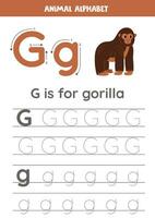 Tracing alphabet letters for kids. Animal alphabet. G is for gorilla. vector