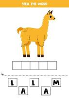 Spelling game for preschool kids. Cute cartoon llama. vector