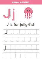 Tracing alphabet letters for kids. Animal alphabet. J is for jelly fish. vector