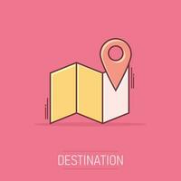 Cartoon map pin icon in comic style. Location gps illustration pictogram. Destination sign splash business concept. vector