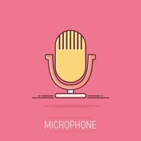 Cartoon microphone icon in comic style. Mic illustration pictogram. Mike sign splash business concept. vector