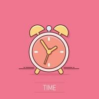 Cartoon alarm clock icon in comic style. Timer sign illustration pictogram. Stopwatch splash business concept. vector