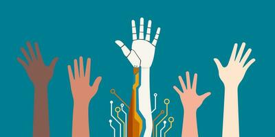 Human and robot hands are raised,concep of Copyright of artificial intelligence generated works,image, Business people and AI robot in society,Equality of humans and AI.Vector illustration. vector