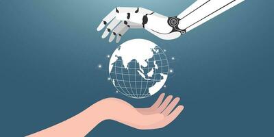 Human hands and AI robot hands holding the planet earth. artificial intelligence Machine Learning Help humans take care of the world,Machine Learning, A world in which AI is everything. vector