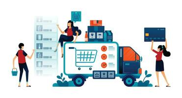 illustration of people shopping online. Goods delivery trucks send packages purchased online using apps and paid by credit card. Can be used for mobile apps, landing page, website, banner vector