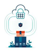 illustration of shopping cart and package box protected by data security in cloud. Can be used for posters, websites, brochures, banners vector