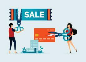illustration of people cut credit cards and promotional shopping offer vouchers with scissors to get discounts. Can be used for posters, banners, websites vector
