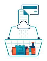 en línea compras ilustración en línea estilo. cesta conteniendo tienda de comestibles compras ese conectado a nube a obtener pago cuentas y ingresos. lata ser usado para móvil aplicaciones, carteles, web, volantes vector