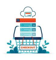 Illustration of online shop basket or cart with checkout label or sign hanging for payment process. Can be used for posters, websites, brochures, banners vector