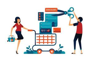 illustration of people grocery monthly. households get discounts and bills are cut with scissors. shopping with trolley. Can be used for mobile apps, landing page, website, banners vector