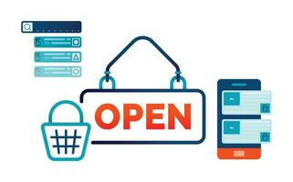 illustration of OPEN SIGN with hanger and shopping basket for offline and online shops. Design can be used for landing page, website, brochure, flyer vector