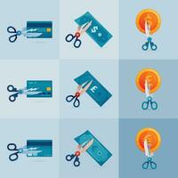 illustrations of price cuts or discounts with metaphor of money being cut with scissors, coins being cut with scissors, credit cards being cut with scissors. Can be used for posters, banners, websites vector