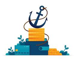 Illustration of pile of coins in a wallet weighed down by anchor a metaphor for saving and hoarding wealth. Can be used for posters, websites, brochures, banners vector