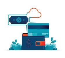 illustration of digital wallet that connected to financial profiles such as credit cards and money balances in cloud. Can be used for posters, websites, brochures, banners vector