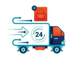 Illustration of 24 hour delivery truck for online shopping packages. Shopping cart with add button for checkout and payment. Design can be used for landing page, website, brochure, flyer vector