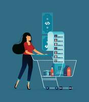 ilustración de mamás o padres empujar compras carritos conteniendo básico necesidades o comestibles. casa mensual compras y gastos. lata ser usado para carteles, pancartas, sitios web vector