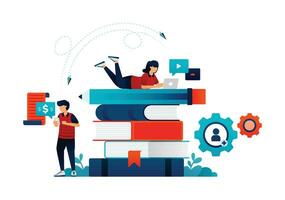 Illustration of students study on pile of books. mutual sharing and caring in study. communication to transfer learning and knowledge. Can be used for web website poster mobile apps magazine ads vector