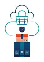 illustration of communication between shopping cart and package box protected by security and data protection in cloud. Design can be used for landing page, website, brochure, flyer vector