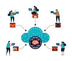 Artificial intelligence illustration of people try to get many work done by multitasking ai network cloud program. Storage server backup with ai. Can be used for mobile app website web flyer poster ad vector