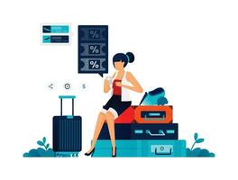 Illustration of woman sitting on pile of suitcases and choosing discounted plane tickets for vacation leave, buying holiday tickets. Can be used for web website poster mobile apps magazine ads vector