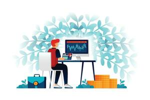 Illustration of man employees get investment inspiration. analyzing and researching banking data on stock and financial investment options. Can be used for web website poster mobile apps magazine ads vector
