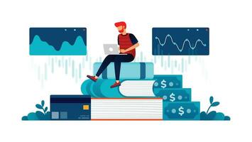 Illustration of Economics and business students study finance banking diagrams to make financial investment choices on credit card bonds. Can be used for web website poster mobile apps magazine ads vector