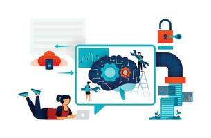 Illustration of students chat or communicate with artificial intelligence to get problem solving with data access form protected database. Can be used for web website poster mobile apps magazine ads vector