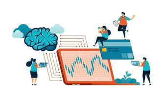 Artificial intelligence illustration of analyze risks of credit card loans for investment options in financial bonds and stocks mutual funds. Can be used for mobile app website web flyer poster ad vector