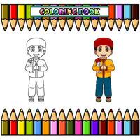 contento musulmán hombre dibujos animados para colorante libro vector