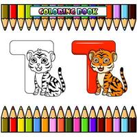 colorante libro, ilustración de t letra para Tigre vector