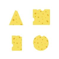 Cheese slice. Cheese icon. Swiss chees with holes. Yellow cheddar texture. Chedder icon isolated on white background. Different shapes of parmesan. Vector illustration.