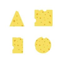 Cheese slice. Cheese icon. Swiss chees with holes. Yellow cheddar texture. Chedder icon isolated on white background. Different shapes of parmesan. Vector illustration.