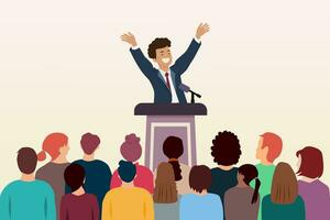Man behind podium during stage speech. Orator with audience. Public speaking. Vector illustration.