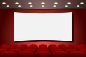 Theater stage with empty seats rows and blank screen. Theatre interior.  Copy space. Vector illustration.