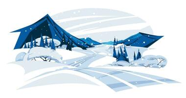 invierno montaña la carretera. el paisaje de el Valle de nieve. Navidad frío estación. vector plano ilustración