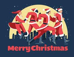 Santa Clauses are running a marathon against the background of the night city. Different people dressed in Santa clothes. Vector flat illustration. Sport, healthy lifestylee